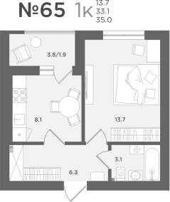 1-комнатная квартира, 33.1 кв.м, ЖК «МС18»