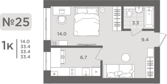 1-комнатная квартира, 33.4 кв.м, ЖК «Три Симфонии»