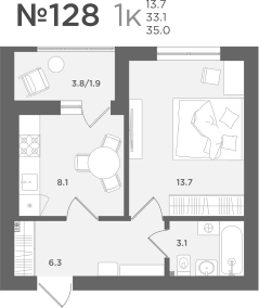 1-комнатная квартира, 33.1 кв.м, ЖК «МС18»