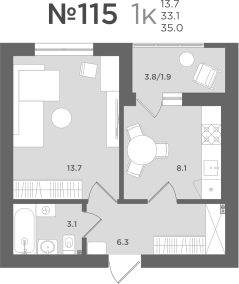 1-комнатная квартира, 33.1 кв.м, МС18