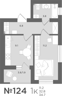 1-комнатная квартира, 32.8 кв.м, МС18