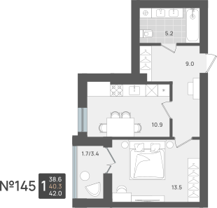 1-комнатная квартира, 40.3 кв.м, Сальвадор