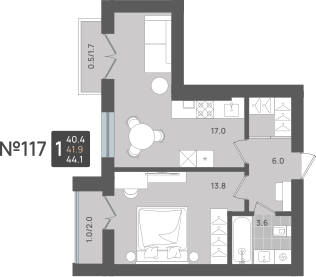 1-комнатная квартира, 41.9 кв.м, ЖК по ул. Рабочая