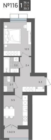 1-комнатная, 37.9 м2, ЖК по ул. Рабочая