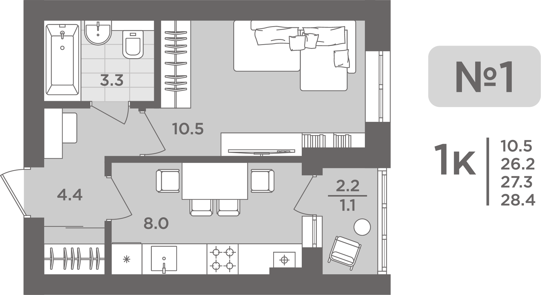 1-комнатная, 27.3 м², 1 этаж из 5, ЖК «Три Симфонии»