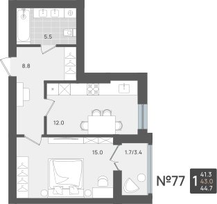 1-комнатная, 43 м2, ЖК по ул. Рабочая