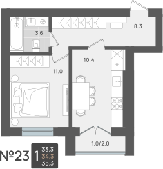 1-комнатная квартира, 34.3 кв.м, ЖК по ул. Рабочая